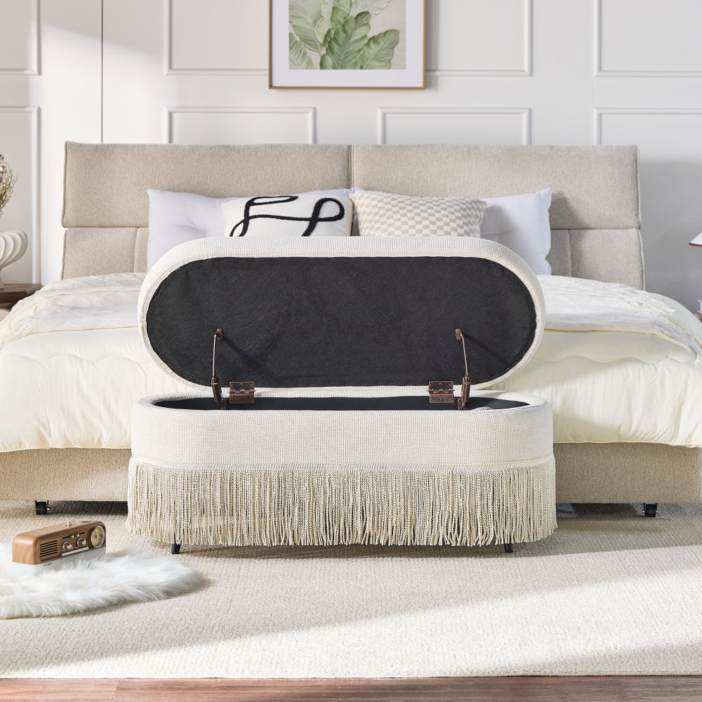 Storage Ottoman Bench, 39" Oval Upholstered Ottoman with Lift-Top Lid and Fringe Trim, Multi-Functional Footrest & Hidden Storage Seat for Living Room, Beige Fabric with Metal Legs, 39.4"L x 15.9"W x 16.9"H