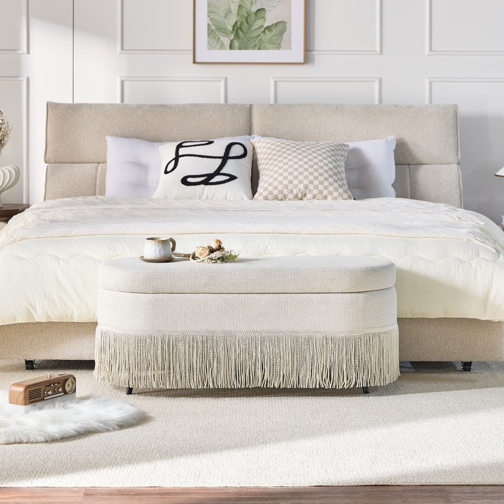 Storage Ottoman Bench, 39" Oval Upholstered Ottoman with Lift-Top Lid and Fringe Trim, Multi-Functional Footrest & Hidden Storage Seat for Living Room, Beige Fabric with Metal Legs, 39.4"L x 15.9"W x 16.9"H