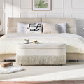 Oval Upholstered Storage Ottoman with Fringe Trim, 39.4 Inch Lift-Top Ottoman Bench for Living Room, Beige Multi-Functional Footrest with Hidden Storage, Sturdy Metal Frame & Foam Padding for Bedroom or Entryway