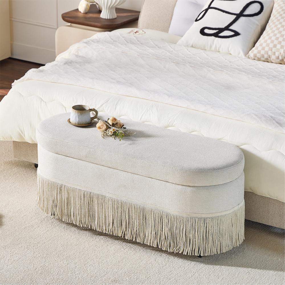 Storage Ottoman Bench, 39" Oval Upholstered Ottoman with Lift-Top Lid and Fringe Trim, Multi-Functional Footrest & Hidden Storage Seat for Living Room, Beige Fabric with Metal Legs, 39.4"L x 15.9"W x 16.9"H