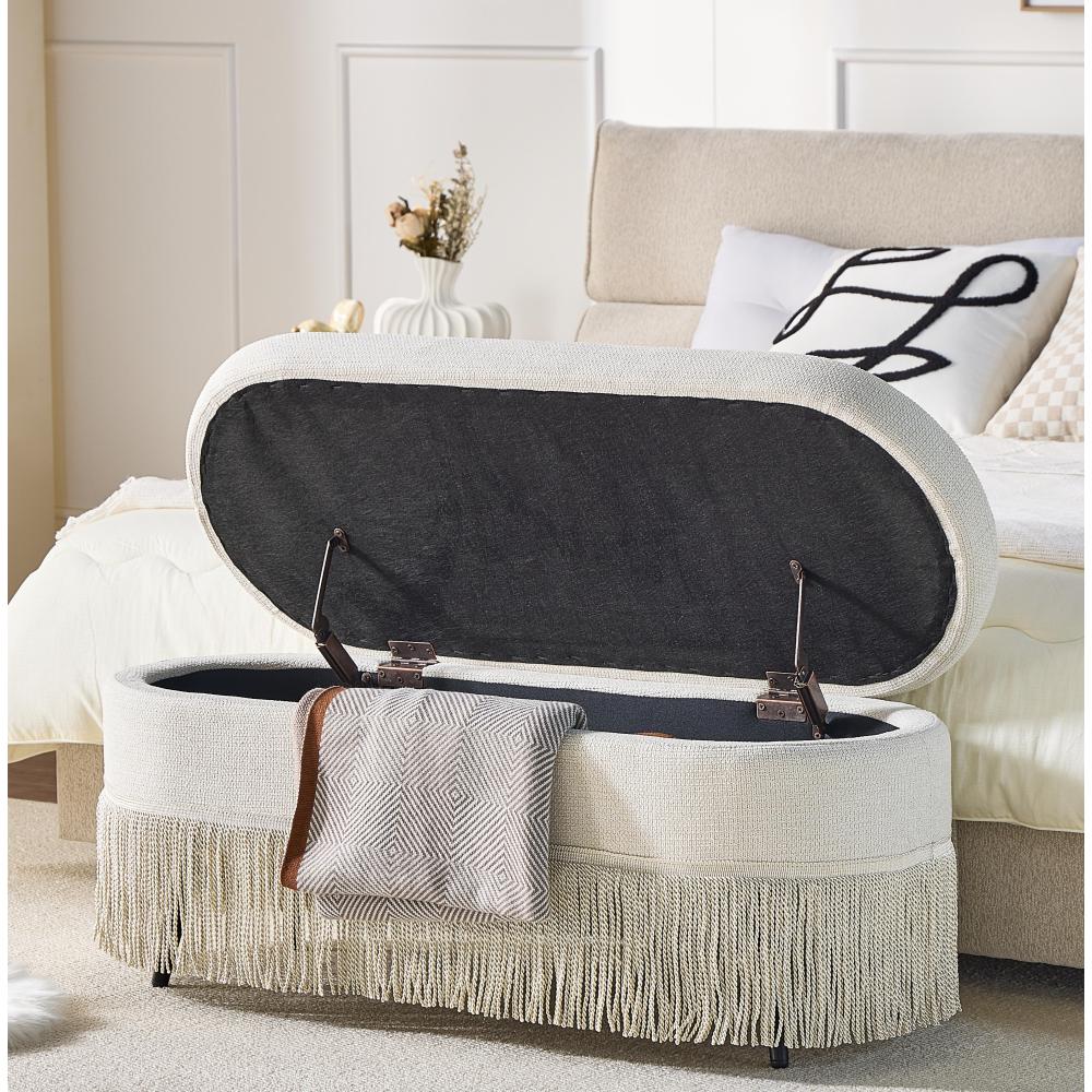 Oval Upholstered Storage Ottoman with Fringe Trim, 39.4 Inch Lift-Top Ottoman Bench for Living Room, Beige Multi-Functional Footrest with Hidden Storage, Sturdy Metal Frame & Foam Padding for Bedroom or Entryway