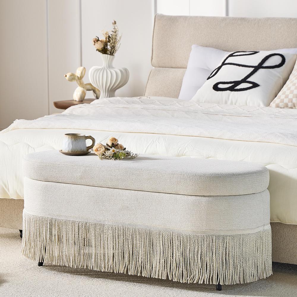 Storage Ottoman Bench, 39" Oval Upholstered Ottoman with Lift-Top Lid and Fringe Trim, Multi-Functional Footrest & Hidden Storage Seat for Living Room, Beige Fabric with Metal Legs, 39.4"L x 15.9"W x 16.9"H