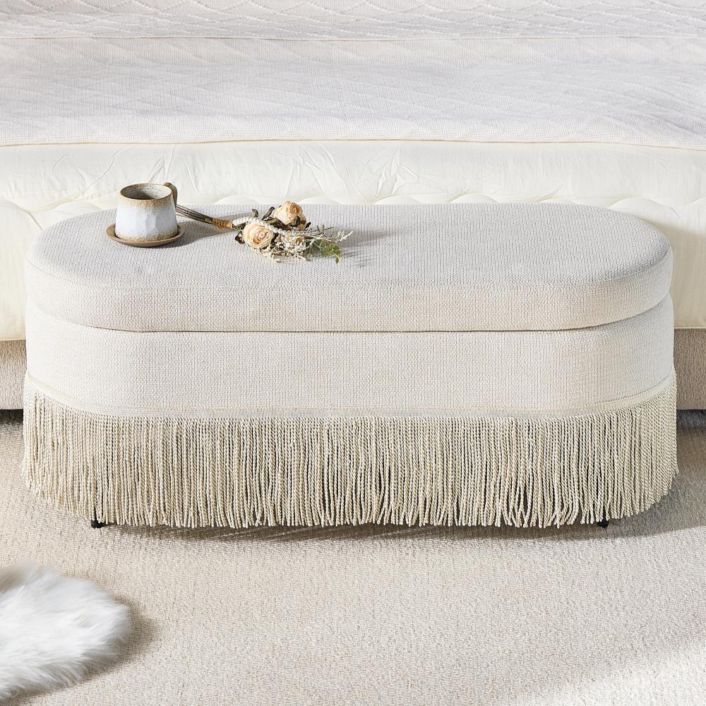 Storage Ottoman Bench, 39" Oval Upholstered Ottoman with Lift-Top Lid and Fringe Trim, Multi-Functional Footrest & Hidden Storage Seat for Living Room, Beige Fabric with Metal Legs, 39.4"L x 15.9"W x 16.9"H