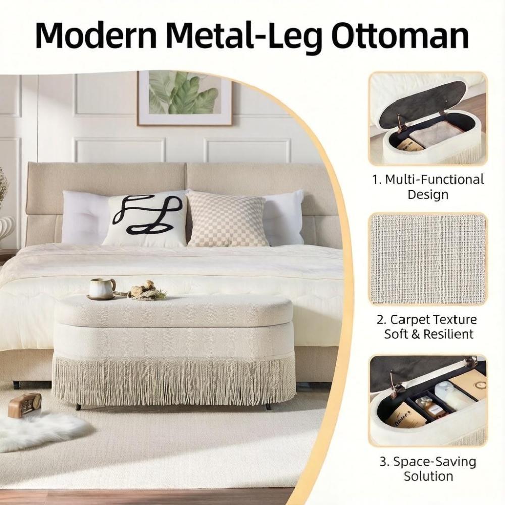 Storage Ottoman Bench, 39" Oval Upholstered Ottoman with Lift-Top Lid and Fringe Trim, Multi-Functional Footrest & Hidden Storage Seat for Living Room, Beige Fabric with Metal Legs, 39.4"L x 15.9"W x 16.9"H
