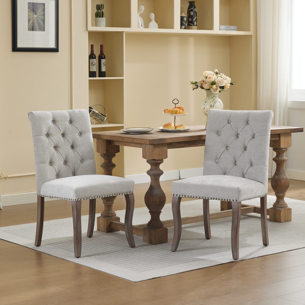 Upholstered Dining Chair Set of 2, Modern Accent Chairs with Curved Solid Rubberwood Legs, Elegant Button Tufted Club Chairs, Soft Breathable Chenille Fabric for Living Room/Bedroom/Kitchen, Beige