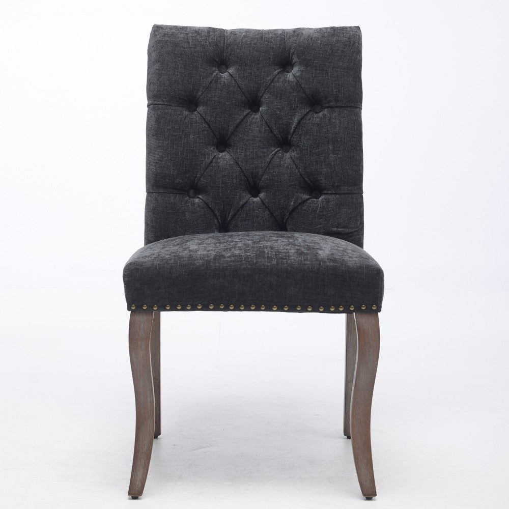 Upholstered Dining Chairs Set of 2, Chenille Fabric Accent Chairs with Curved Solid Wood Legs, Tufted Club Chair for Dining Room Living Room Kitchen, Black