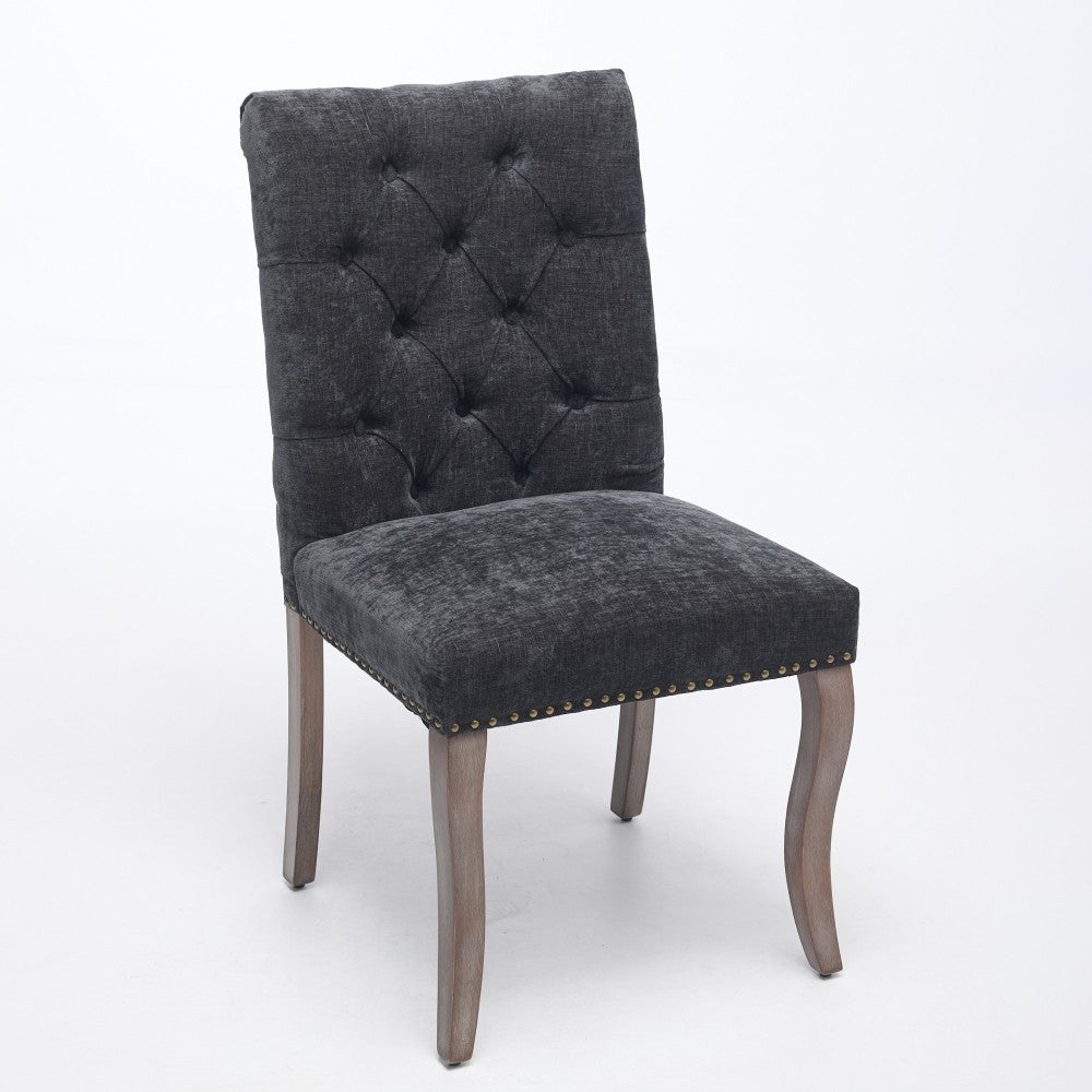 Upholstered Dining Chairs Set of 2, Chenille Fabric Accent Chairs with Curved Solid Wood Legs, Tufted Club Chair for Dining Room Living Room Kitchen, Black