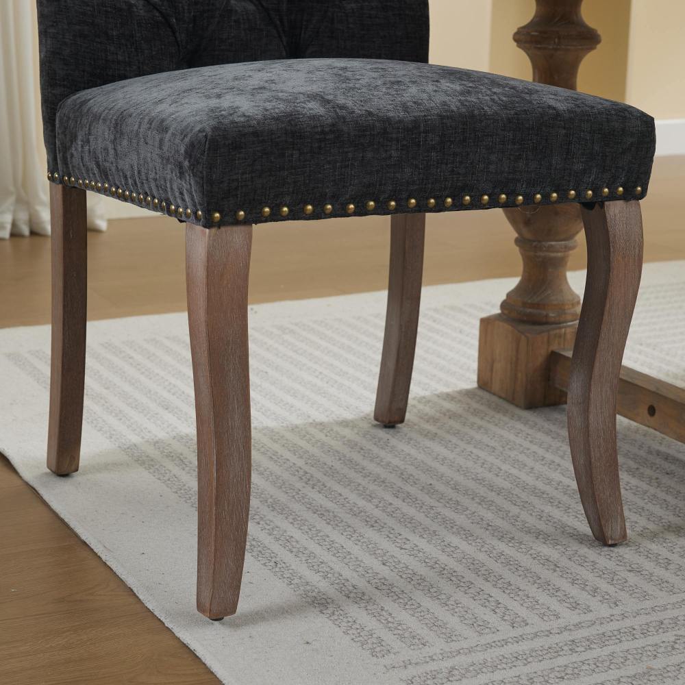 Upholstered Dining Chairs Set of 2, Chenille Fabric Accent Chairs with Curved Solid Wood Legs, Tufted Club Chair for Dining Room Living Room Kitchen, Black