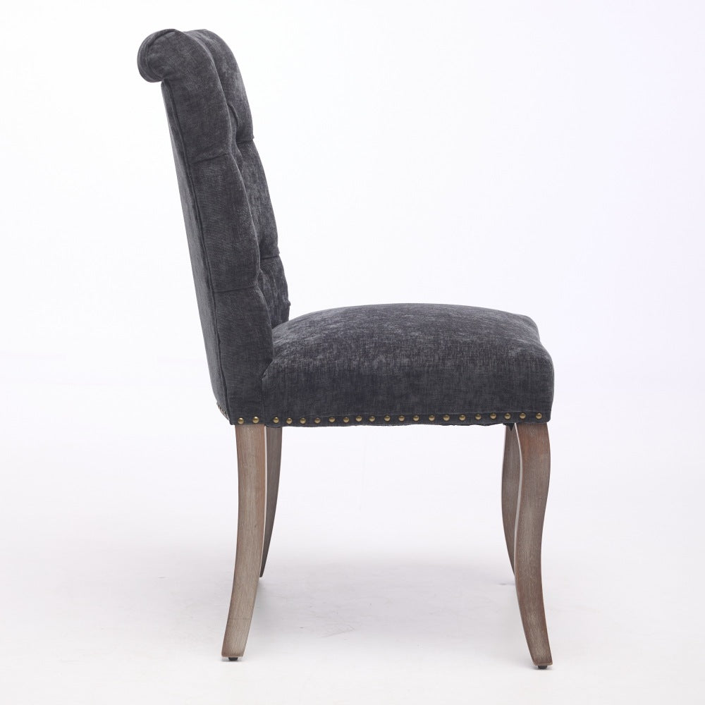 Upholstered Dining Chairs Set of 2, Chenille Fabric Accent Chairs with Curved Solid Wood Legs, Tufted Club Chair for Dining Room Living Room Kitchen, Black