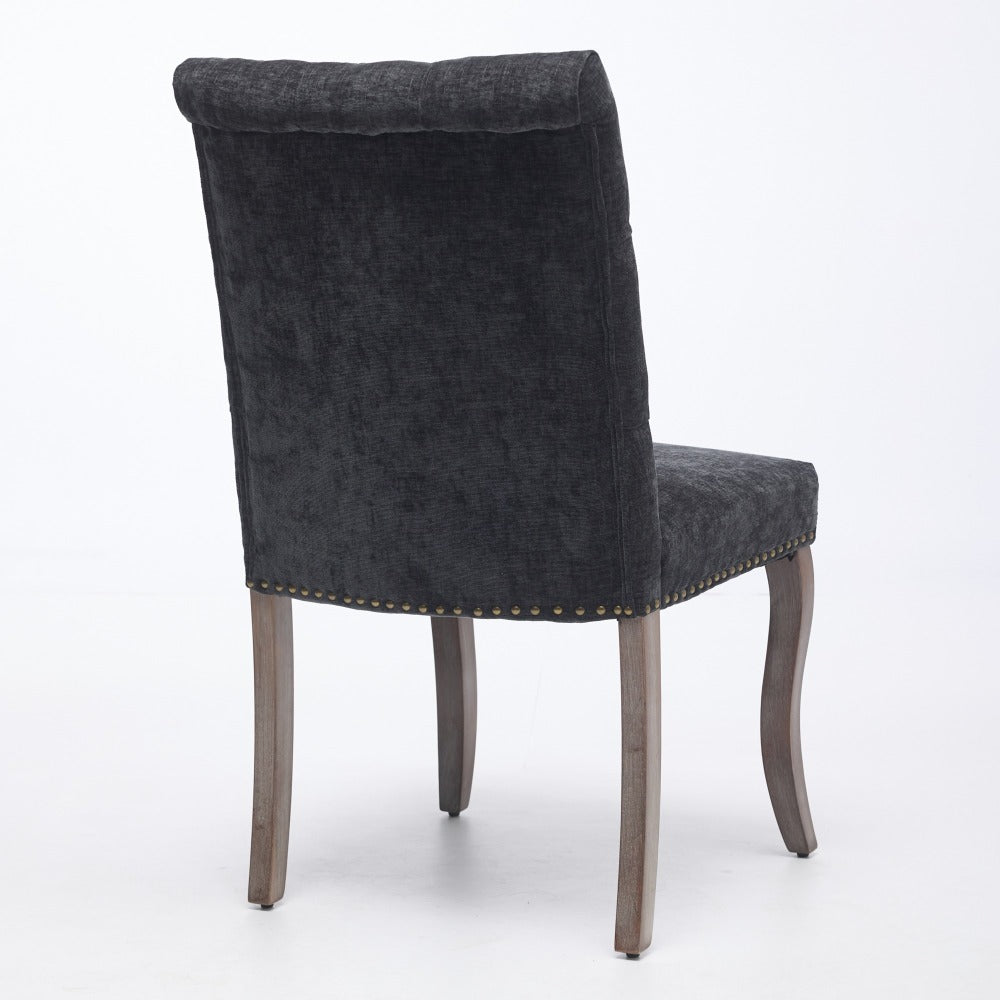 Upholstered Dining Chairs Set of 2, Chenille Fabric Accent Chairs with Curved Solid Wood Legs, Tufted Club Chair for Dining Room Living Room Kitchen, Black