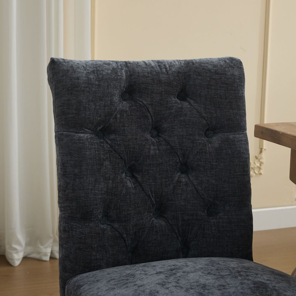 Upholstered Dining Chairs Set of 2, Chenille Fabric Accent Chairs with Curved Solid Wood Legs, Tufted Club Chair for Dining Room Living Room Kitchen, Black