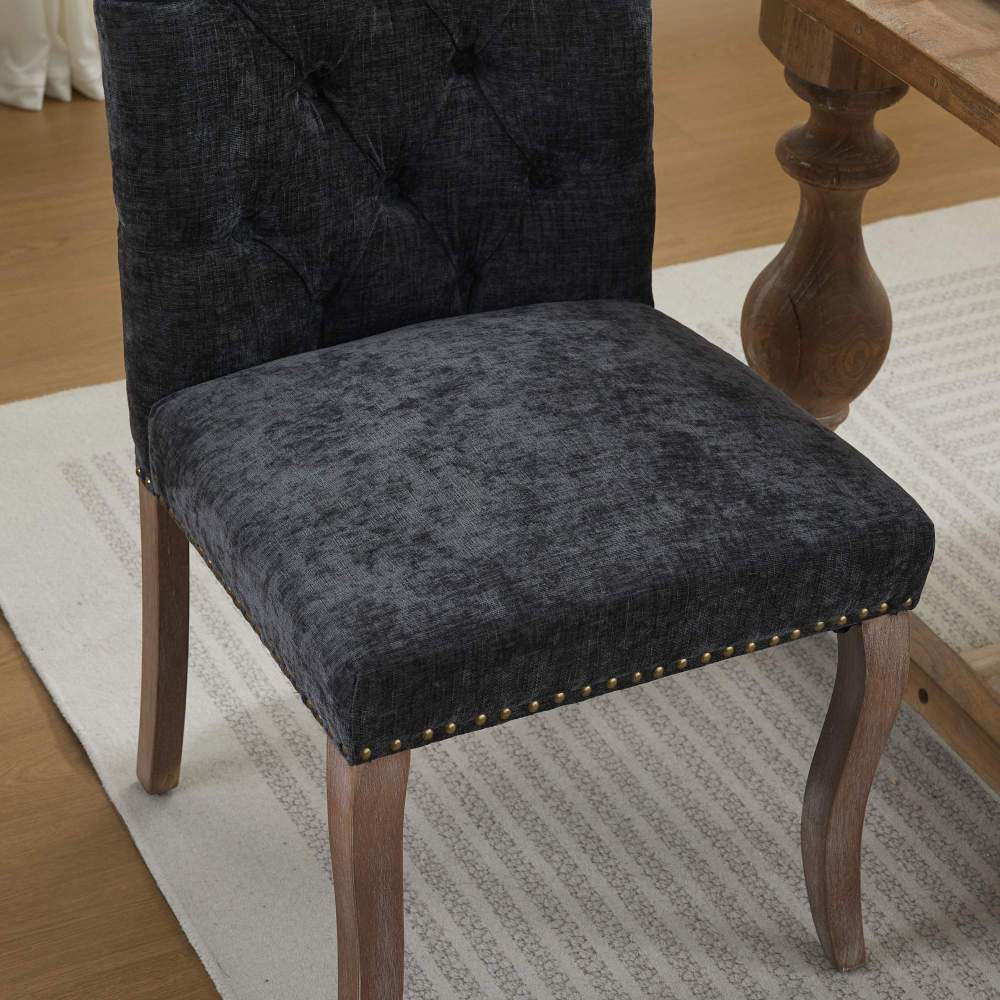 Upholstered Dining Chairs Set of 2, Chenille Fabric Accent Chairs with Curved Solid Wood Legs, Tufted Club Chair for Dining Room Living Room Kitchen, Black