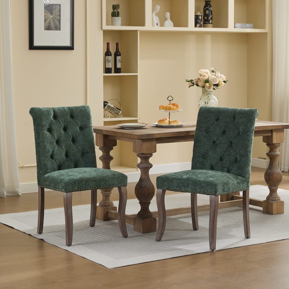 Upholstered Chenille Fabric Accent Dining Chairs Set of 2, Curved Solid Wood Legs Dining Room Chairs with Tufted Back, Rubberwood Frame Club Kitchen Chairs, Living Room Vanity Seat, Olive Green