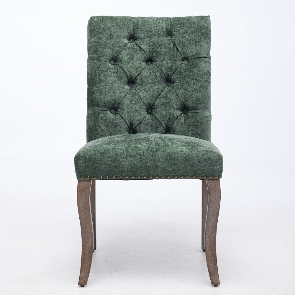 Upholstered Chenille Fabric Accent Dining Chairs Set of 2, Curved Solid Wood Legs Dining Room Chairs with Tufted Back, Rubberwood Frame Club Kitchen Chairs, Living Room Vanity Seat, Olive Green