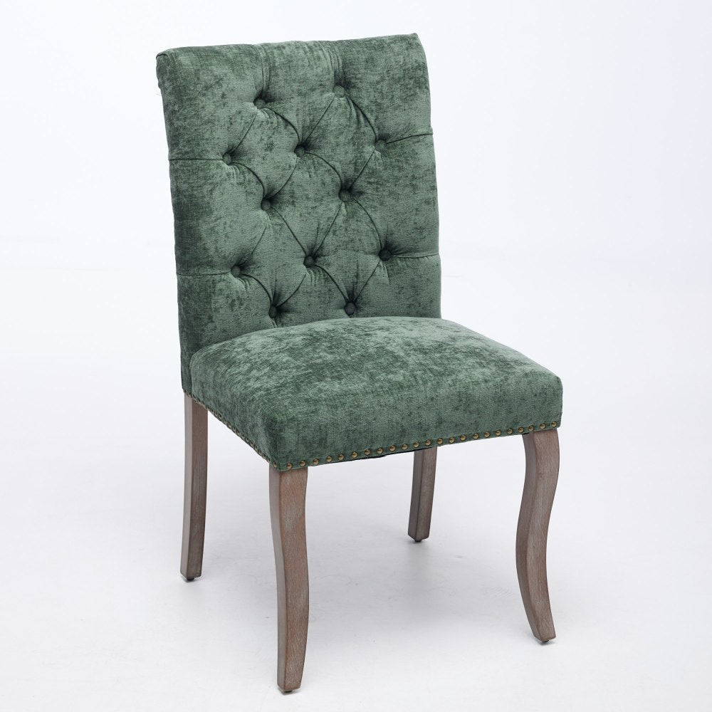 Upholstered Chenille Fabric Accent Dining Chairs Set of 2, Curved Solid Wood Legs Dining Room Chairs with Tufted Back, Rubberwood Frame Club Kitchen Chairs, Living Room Vanity Seat, Olive Green