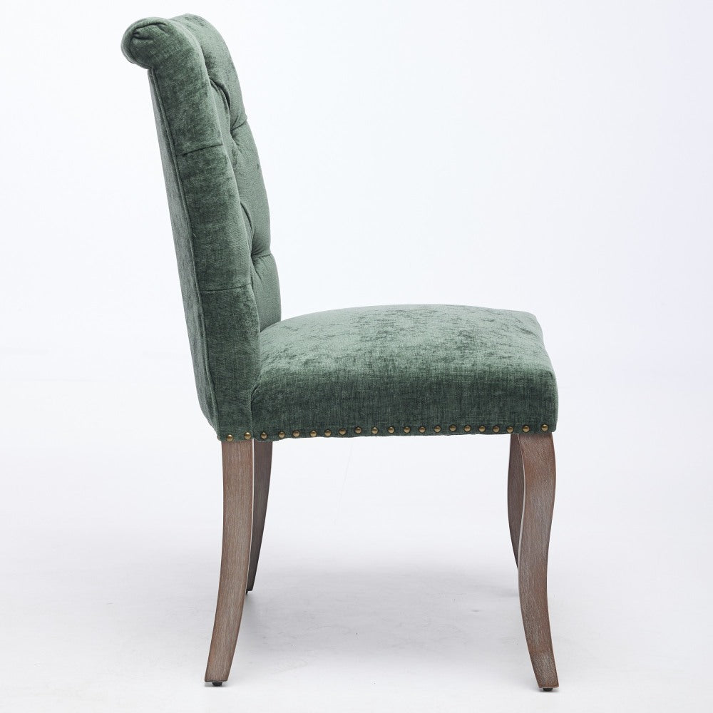 Upholstered Chenille Fabric Accent Dining Chairs Set of 2, Curved Solid Wood Legs Dining Room Chairs with Tufted Back, Rubberwood Frame Club Kitchen Chairs, Living Room Vanity Seat, Olive Green