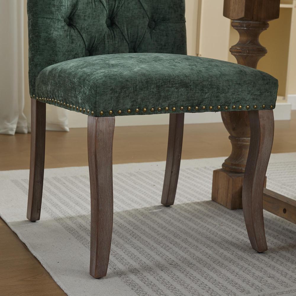 Upholstered Chenille Fabric Accent Dining Chairs Set of 2, Curved Solid Wood Legs Dining Room Chairs with Tufted Back, Rubberwood Frame Club Kitchen Chairs, Living Room Vanity Seat, Olive Green