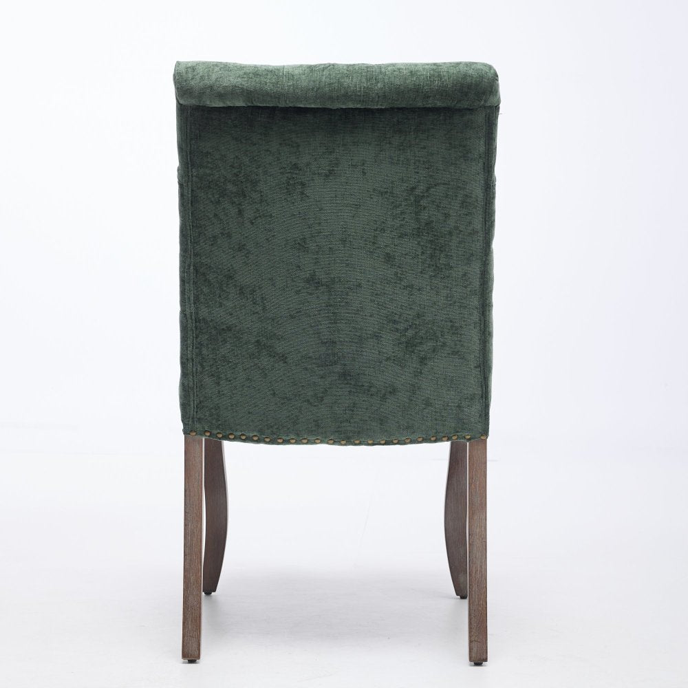 Upholstered Chenille Fabric Accent Dining Chairs Set of 2, Curved Solid Wood Legs Dining Room Chairs with Tufted Back, Rubberwood Frame Club Kitchen Chairs, Living Room Vanity Seat, Olive Green