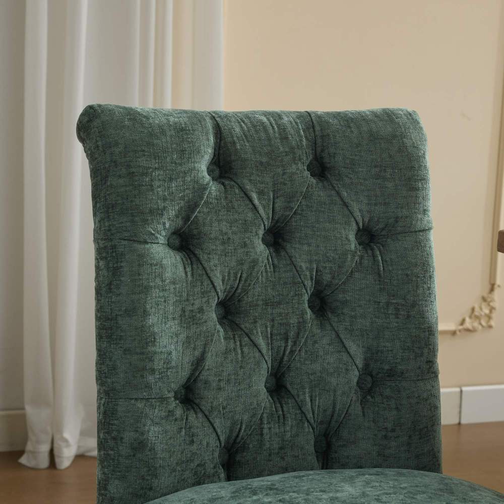 Upholstered Chenille Fabric Accent Dining Chairs Set of 2, Curved Solid Wood Legs Dining Room Chairs with Tufted Back, Rubberwood Frame Club Kitchen Chairs, Living Room Vanity Seat, Olive Green