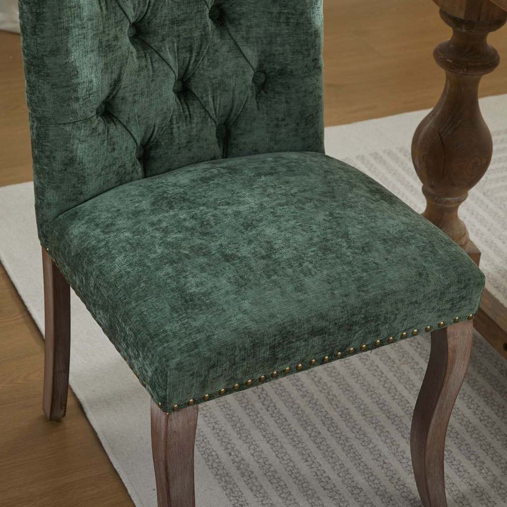 Upholstered Chenille Fabric Accent Dining Chairs Set of 2, Curved Solid Wood Legs Dining Room Chairs with Tufted Back, Rubberwood Frame Club Kitchen Chairs, Living Room Vanity Seat, Olive Green