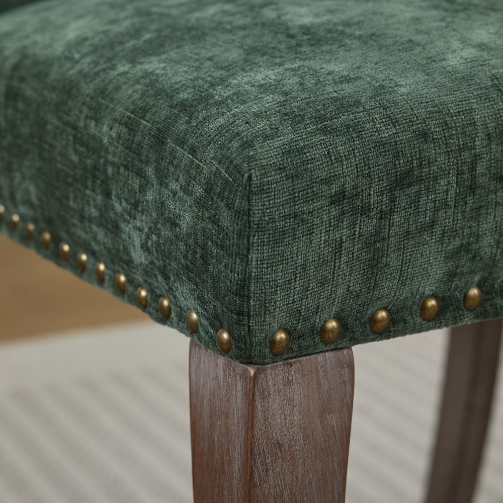 Upholstered Chenille Fabric Accent Dining Chairs Set of 2, Curved Solid Wood Legs Dining Room Chairs with Tufted Back, Rubberwood Frame Club Kitchen Chairs, Living Room Vanity Seat, Olive Green
