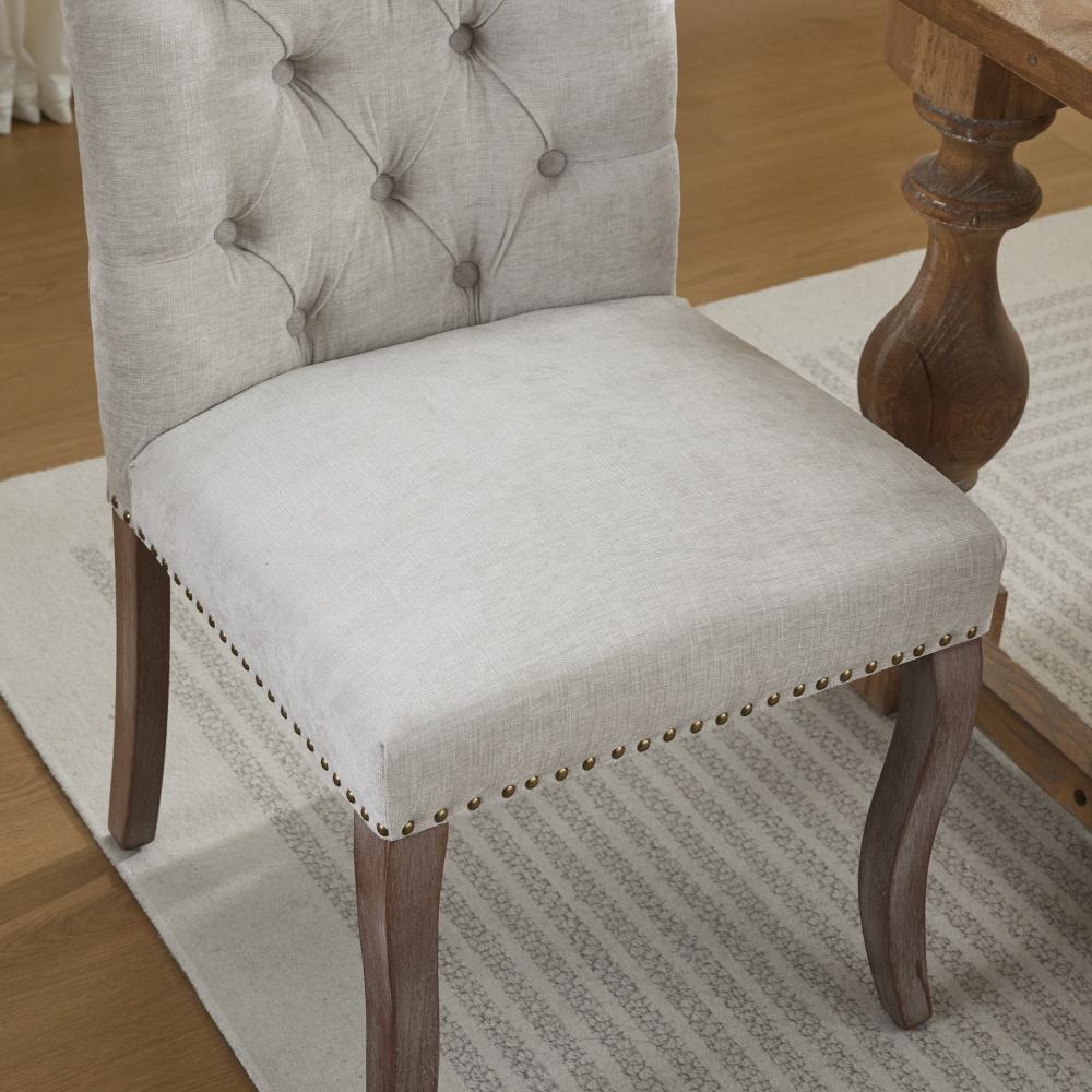 Upholstered Dining Chair Set of 2, Modern Accent Chairs with Curved Solid Rubberwood Legs, Elegant Button Tufted Club Chairs, Soft Breathable Chenille Fabric for Living Room/Bedroom/Kitchen, Beige