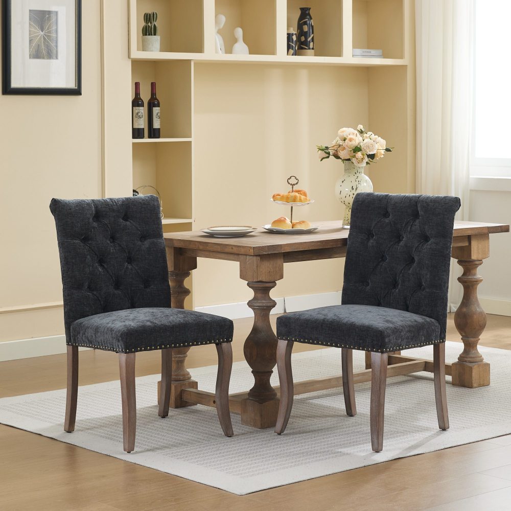 Upholstered Dining Chairs Set of 2, Chenille Fabric Accent Chairs with Curved Solid Wood Legs, Tufted Club Chair for Dining Room Living Room Kitchen, Black