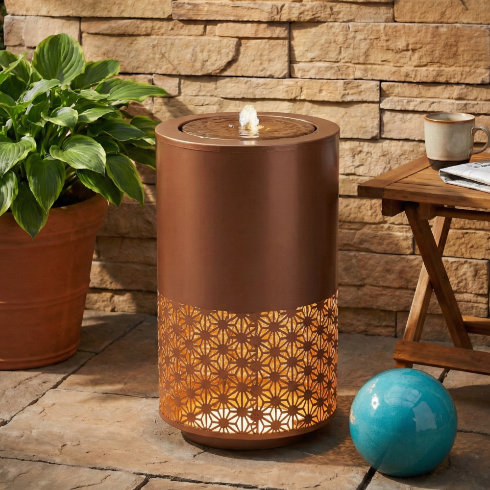 20.87" Modern Metal Outdoor Water Fountain with LED Lights | Brown Candle-Style Cutout Design | Freestanding Decorative Fountain for Patio, Garden, Backyard Decor (Plug-in, Adjustable Flow)