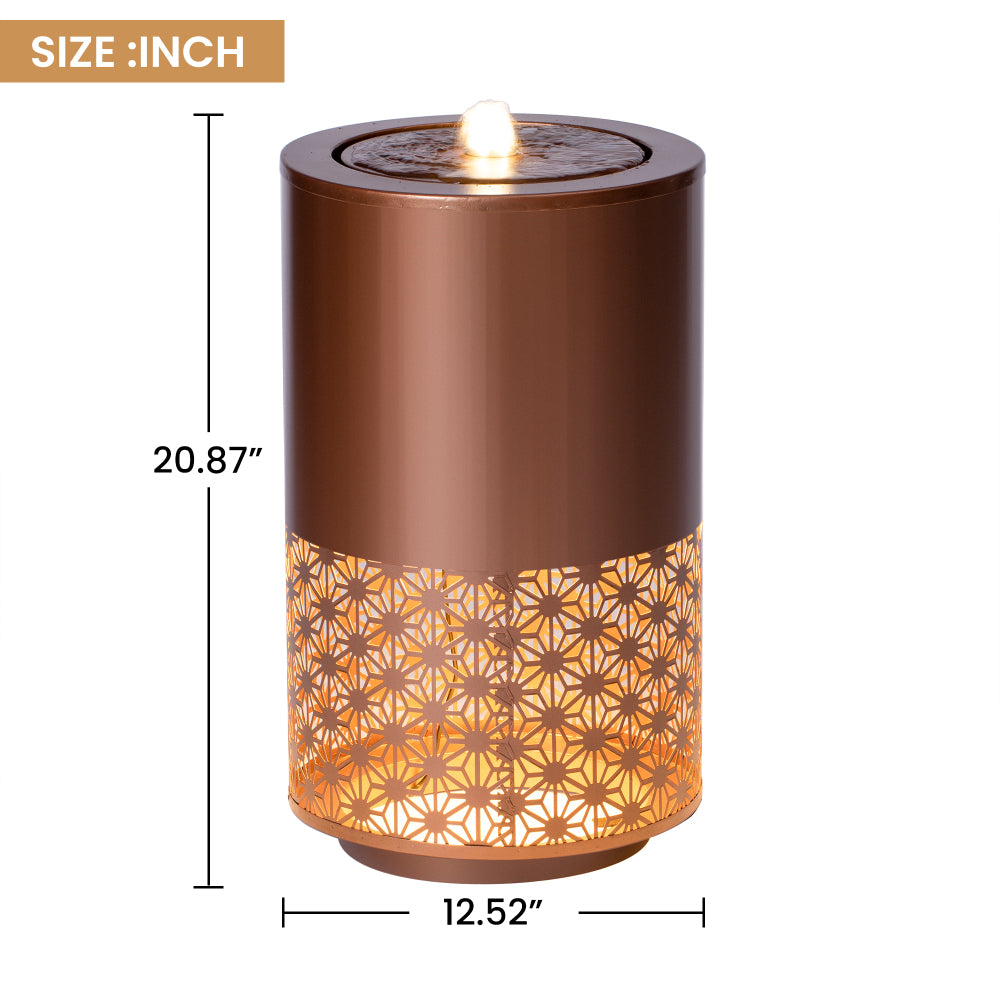 20.87" Modern Metal Outdoor Water Fountain with LED Lights | Brown Candle-Style Cutout Design | Freestanding Decorative Fountain for Patio, Garden, Backyard Decor (Plug-in, Adjustable Flow)