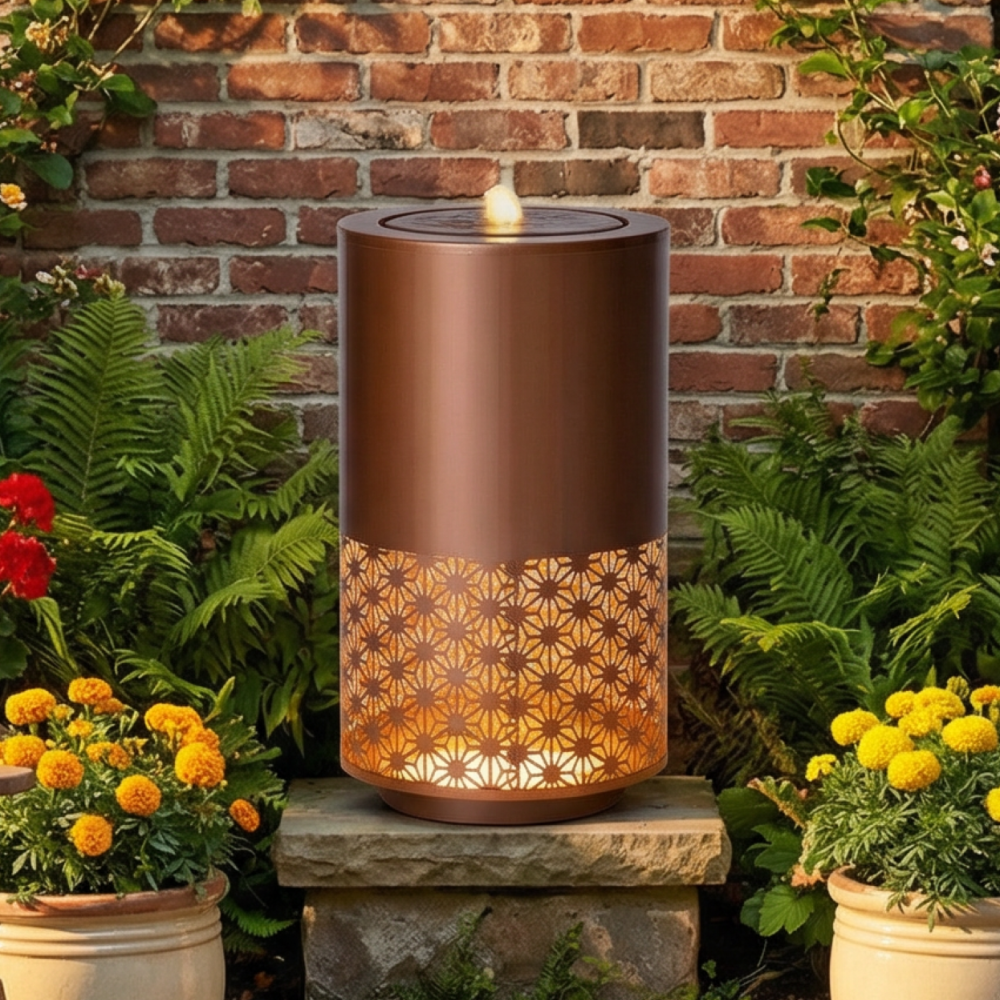 20.87" Modern Metal Outdoor Water Fountain with LED Lights | Brown Candle-Style Cutout Design | Freestanding Decorative Fountain for Patio, Garden, Backyard Decor (Plug-in, Adjustable Flow)
