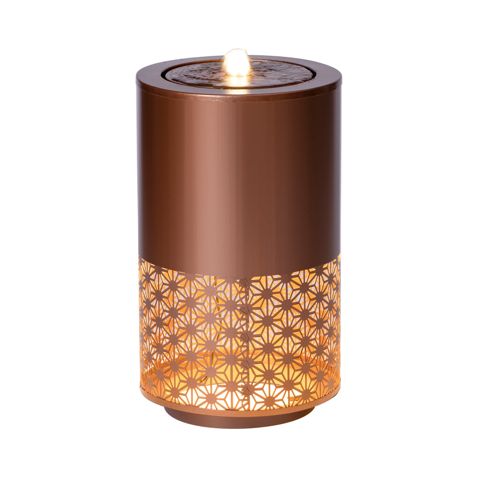 20.87" Modern Metal Outdoor Water Fountain with LED Lights | Brown Candle-Style Cutout Design | Freestanding Decorative Fountain for Patio, Garden, Backyard Decor (Plug-in, Adjustable Flow)