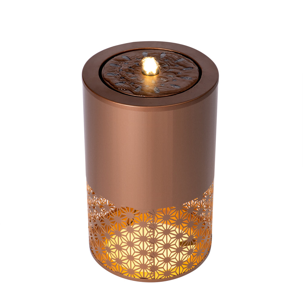 20.87" Modern Metal Outdoor Water Fountain with LED Lights | Brown Candle-Style Cutout Design | Freestanding Decorative Fountain for Patio, Garden, Backyard Decor (Plug-in, Adjustable Flow)