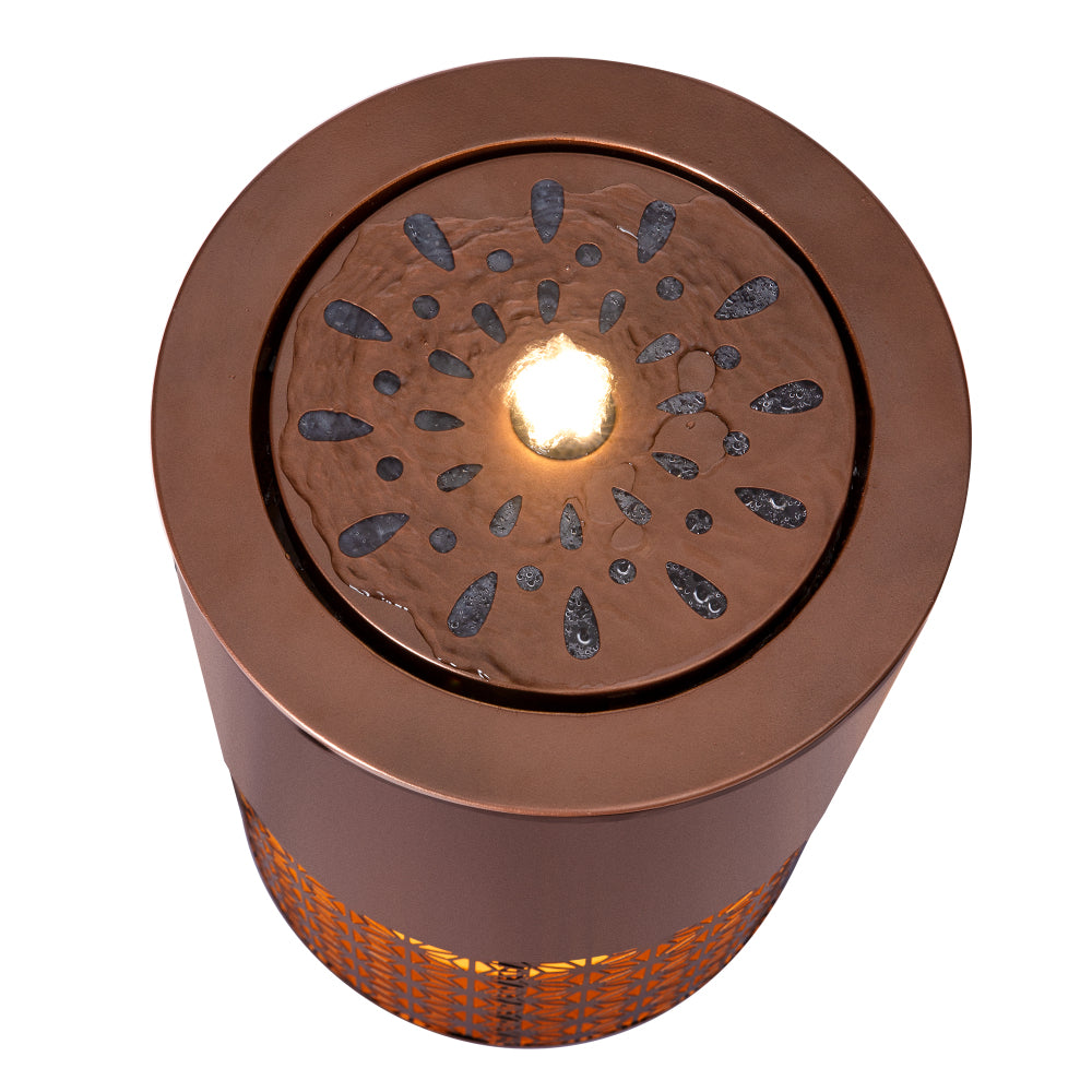 20.87" Modern Metal Outdoor Water Fountain with LED Lights | Brown Candle-Style Cutout Design | Freestanding Decorative Fountain for Patio, Garden, Backyard Decor (Plug-in, Adjustable Flow)