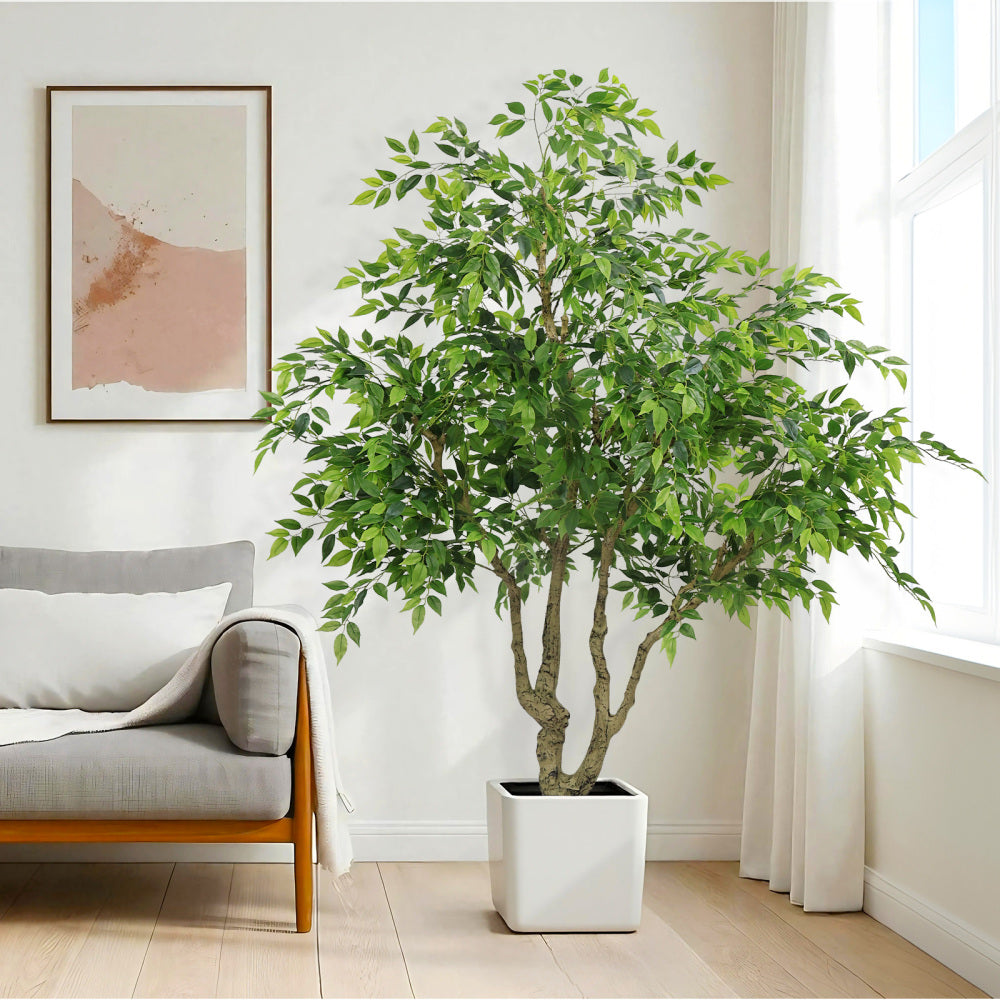 7FT Tall Artificial Banyan Tree with Natural Wood Trunk & Realistic Silk Leaves, Large Faux Potted Ficus Plant for Indoor & Outdoor Home Office Decor, 1pc