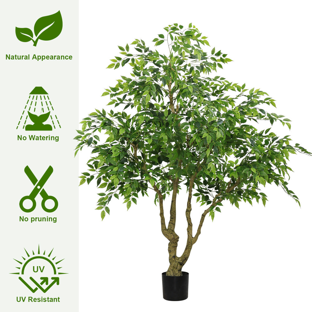 7FT Tall Artificial Banyan Tree with Natural Wood Trunk & Realistic Silk Leaves, Large Faux Potted Ficus Plant for Indoor & Outdoor Home Office Decor, 1pc