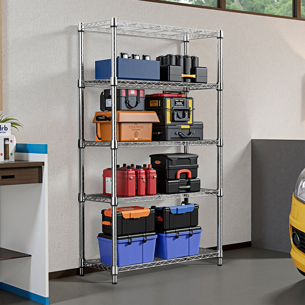 1250 lbs Steel Heavy Duty 5-Tier Utility Shelving Unit, Adjustable Storage Shelves Organizer Wire Rack for Garage, Kitchen, Pantry, Office - Chrome (13.8" D x 23.6" W x 62.4" H)