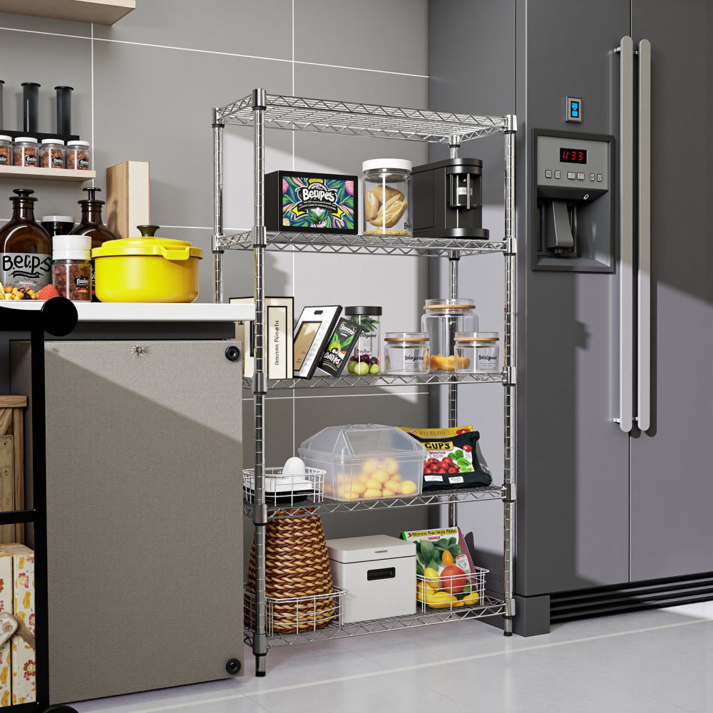 1250 lbs Steel Heavy Duty 5-Tier Utility Shelving Unit, Adjustable Storage Shelves Organizer Wire Rack for Garage, Kitchen, Pantry, Office - Chrome (13.8" D x 23.6" W x 62.4" H)