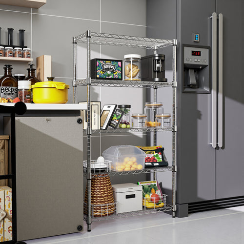 1250 lbs Steel Heavy Duty 5-Tier Utility Shelving Unit, Adjustable Storage Shelves Organizer Wire Rack for Garage, Kitchen, Pantry, Office - Chrome (13.8" D x 23.6" W x 62.4" H)