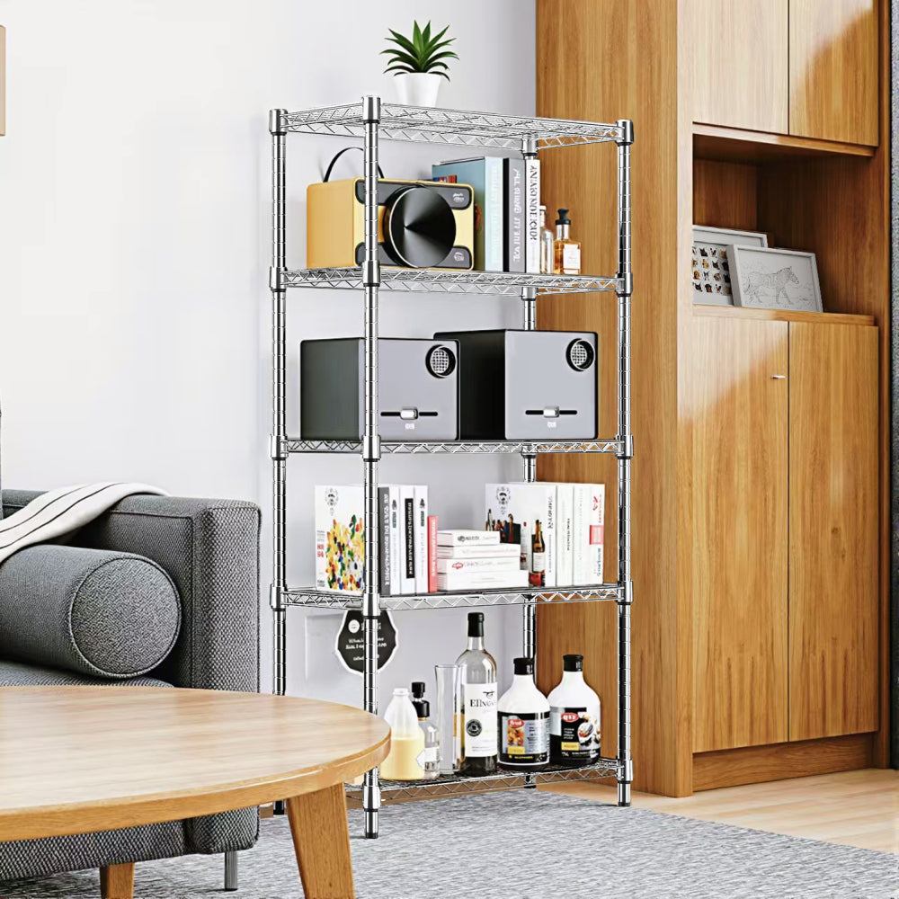 1250 lbs Steel Heavy Duty 5-Tier Utility Shelving Unit, Adjustable Storage Shelves Organizer Wire Rack for Garage, Kitchen, Pantry, Office - Chrome (13.8" D x 23.6" W x 62.4" H)