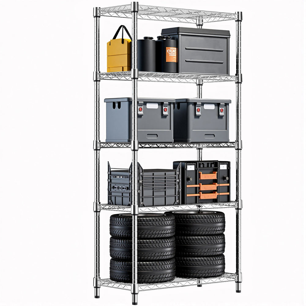 1250 lbs Steel Heavy Duty 5-Tier Utility Shelving Unit, Adjustable Storage Shelves Organizer Wire Rack for Garage, Kitchen, Pantry, Office - Chrome (13.8" D x 23.6" W x 62.4" H)