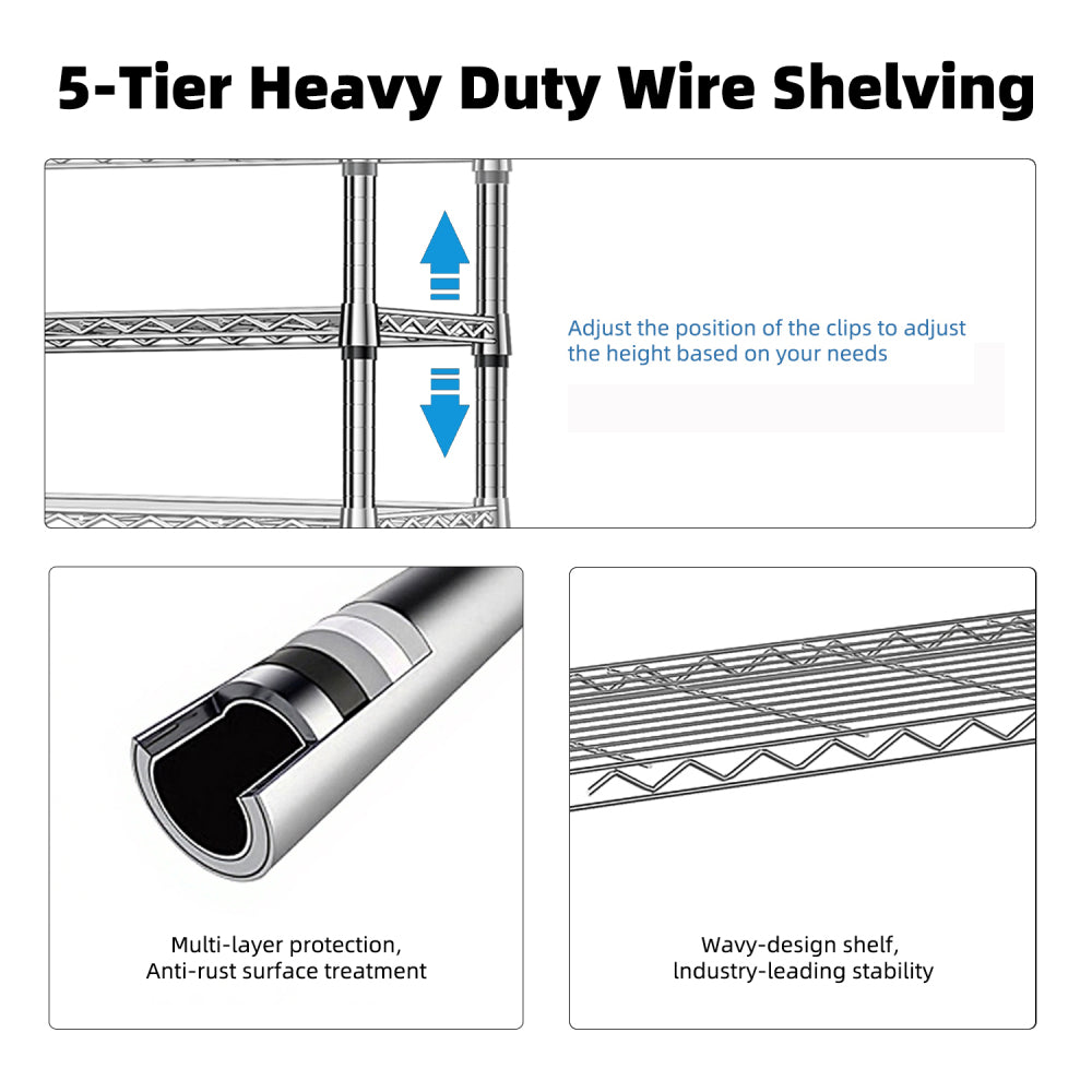1250 lbs Steel Heavy Duty 5-Tier Utility Shelving Unit, Adjustable Storage Shelves Organizer Wire Rack for Garage, Kitchen, Pantry, Office - Chrome (13.8" D x 23.6" W x 62.4" H)