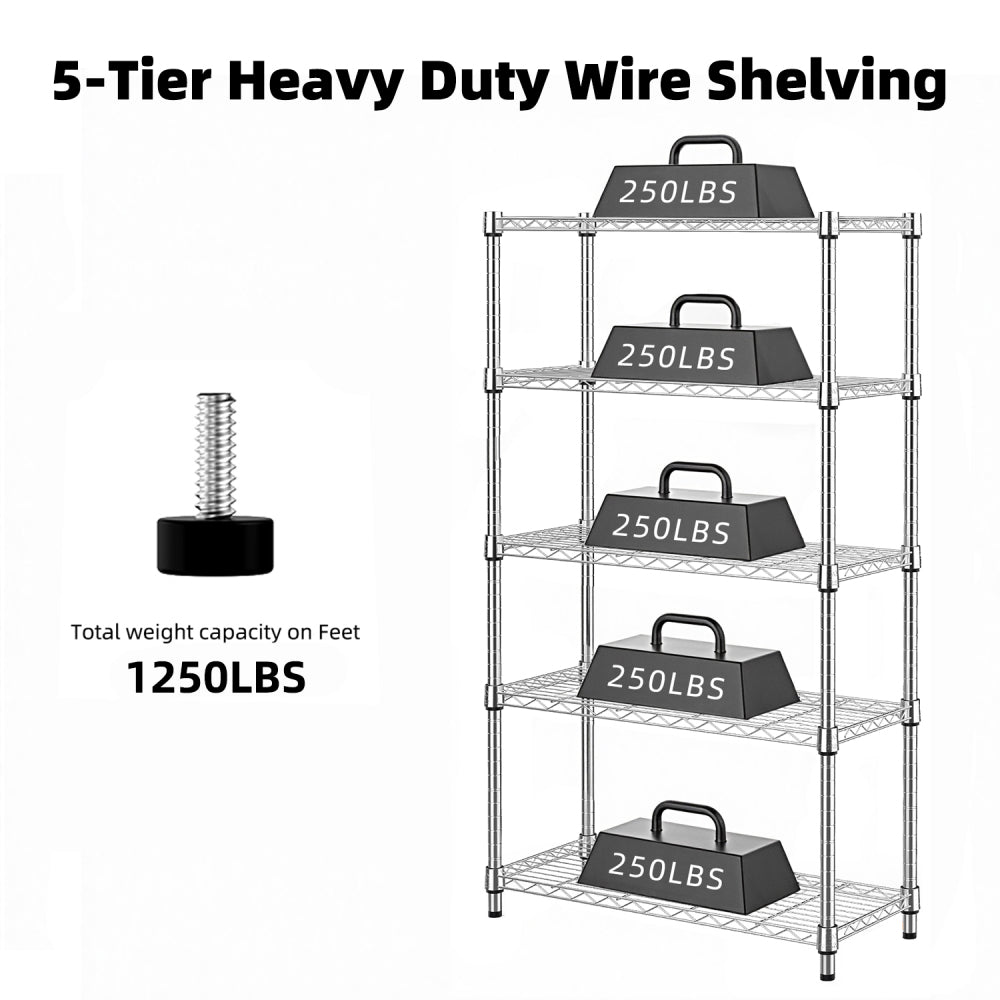 1250 lbs Steel Heavy Duty 5-Tier Utility Shelving Unit, Adjustable Storage Shelves Organizer Wire Rack for Garage, Kitchen, Pantry, Office - Chrome (13.8" D x 23.6" W x 62.4" H)