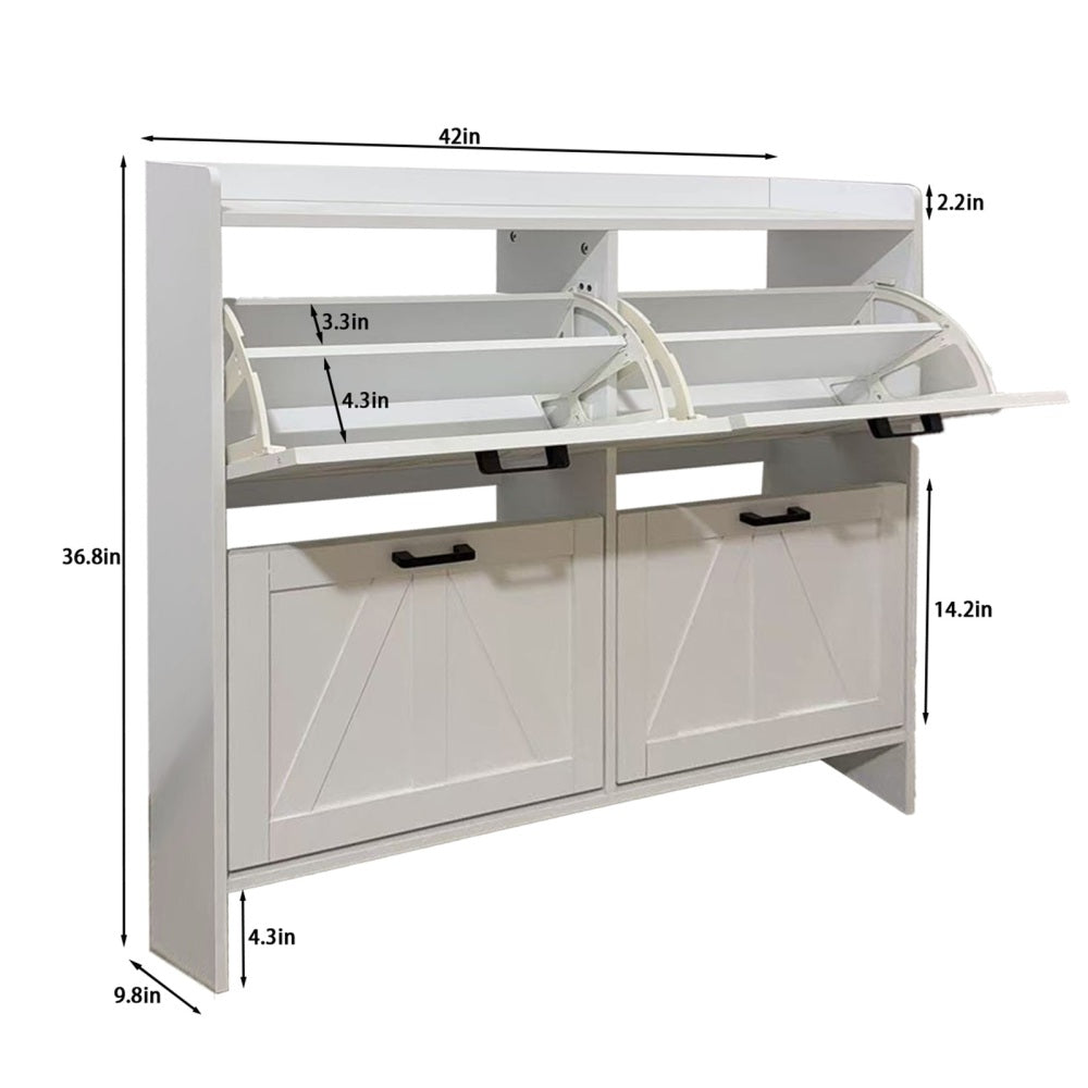 White Modern Fence Shoe Cabinet with 4 Flip Drawers, Sleek Space-Saving Entryway Organizer for Living Room