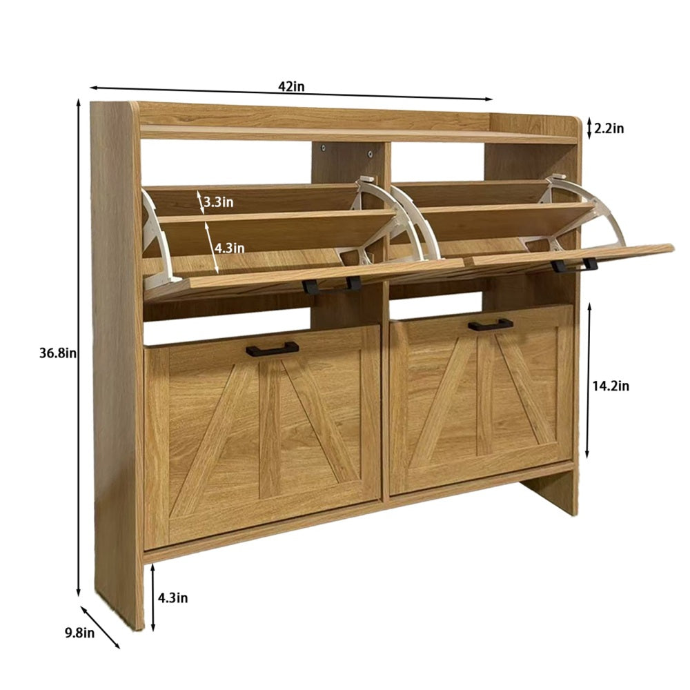 Light Oak Rustic Barn-Door Shoe Cabinet with 4 Flip Drawers, Sleek Space-Saving Entryway Organizer for Living Room