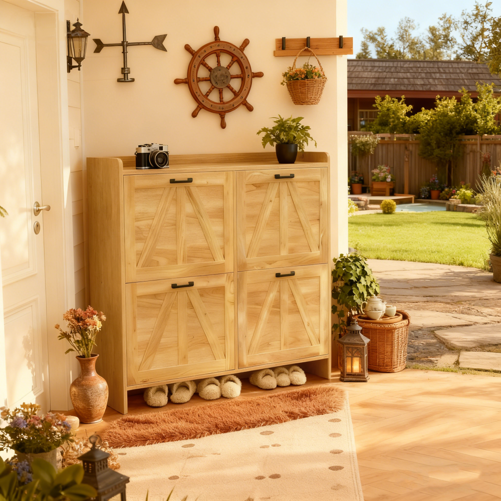 Light Oak Rustic Barn-Door Shoe Cabinet with 4 Flip Drawers, Sleek Space-Saving Entryway Organizer for Living Room