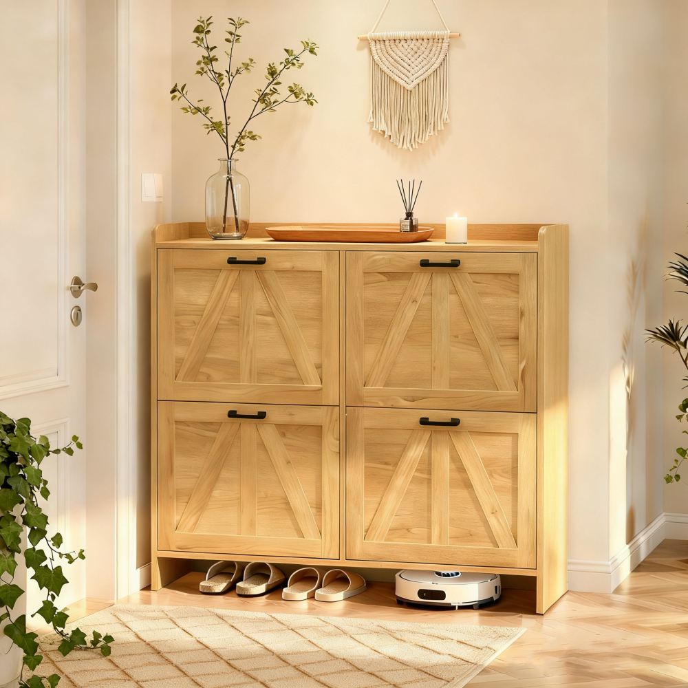 Light Oak Rustic Barn-Door Shoe Cabinet with 4 Flip Drawers, Sleek Space-Saving Entryway Organizer for Living Room