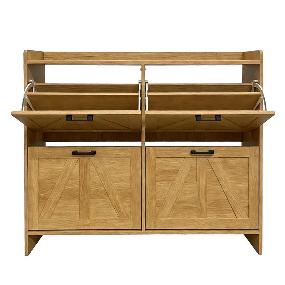 Light Oak Rustic Barn-Door Shoe Cabinet with 4 Flip Drawers, Sleek Space-Saving Entryway Organizer for Living Room