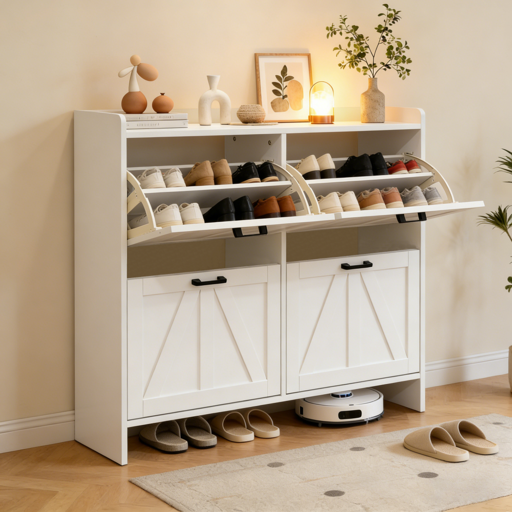 White Modern Fence Shoe Cabinet with 4 Flip Drawers, Sleek Space-Saving Entryway Organizer for Living Room