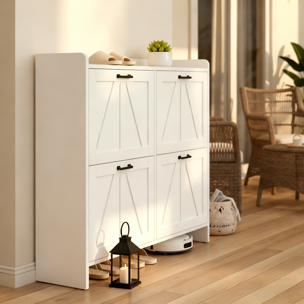 White Modern Fence Shoe Cabinet with 4 Flip Drawers, Sleek Space-Saving Entryway Organizer for Living Room