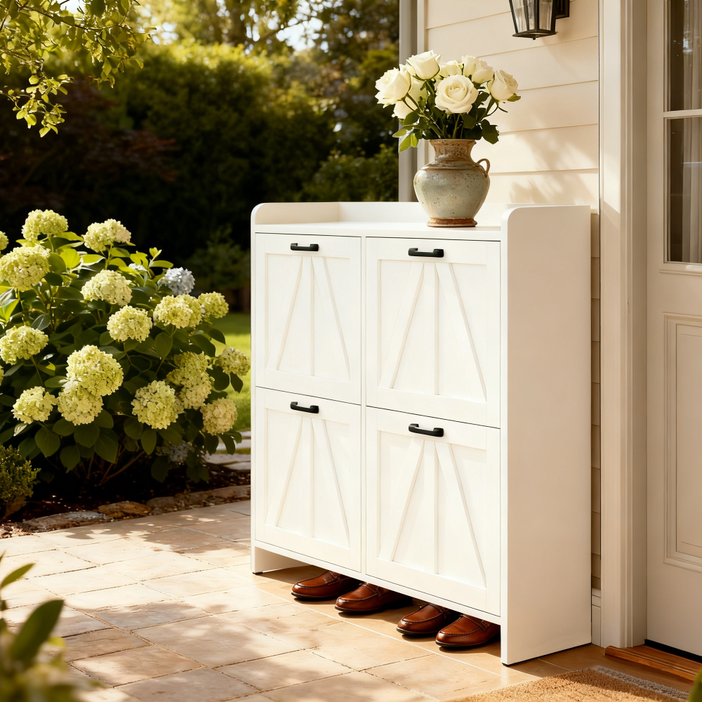 White Modern Fence Shoe Cabinet with 4 Flip Drawers, Sleek Space-Saving Entryway Organizer for Living Room